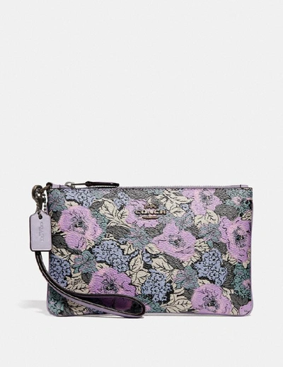 Shop Coach Small Wristlet With Heritage Floral Print - Women's In Pewter/soft Lilac Multi