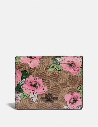 Shop Coach Small Snap Wallet In Signature Canvas With Blossom Print In Pewter/tan Print