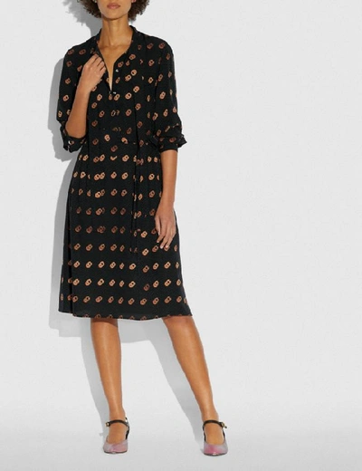 Shop Coach Print Tie Neck Dress In Color<lsn_delimiter>black/orange