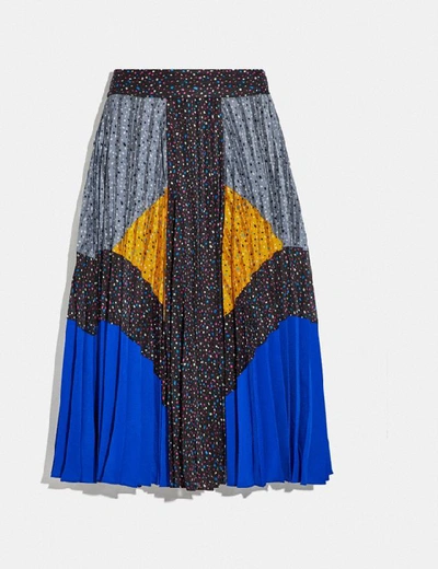 Shop Coach Mix Pleated Skirt In Black/blue/grey/yellow