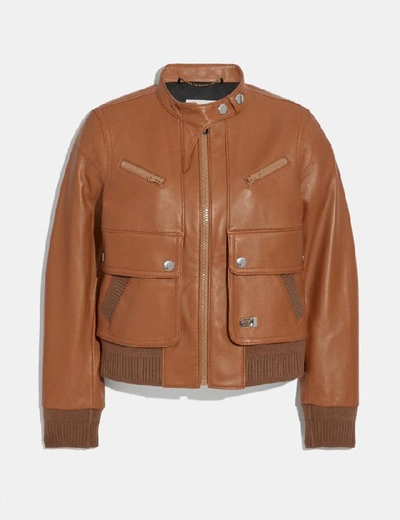 Shop Coach Leather Bomber Jacket In Neutral