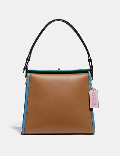 Shop Coach Turnlock Shoulder Bag In Colorblock In B4/lt Saddle Pne Grn
