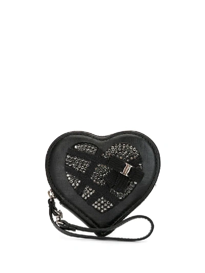 Pre-owned Ferragamo Crystal-studded Heart-shape Purse In Black