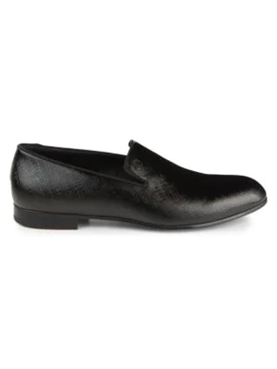 Shop Giorgio Armani Men's Brushed Texture Leather Loafers In Black