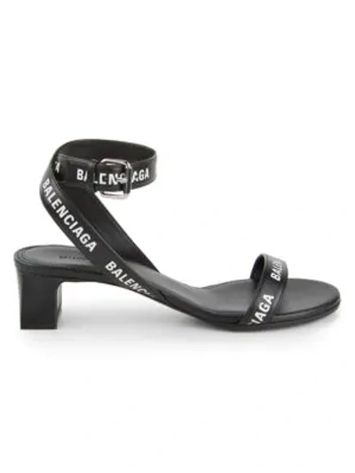 Shop Balenciaga Logo-print Leather Block-heel Sandals In Black White