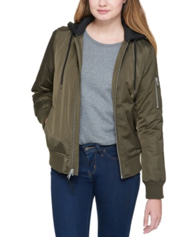 Shop Levi's Classic Flight Satin Bomber Jacket With Jersey Hood In Green