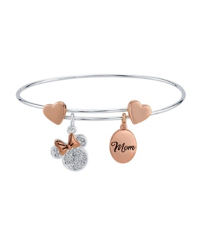 Shop Disney Rose Gold Two-tone Minnie Mouse Clear Crystal "mom" Adjustable Bangle With Silver Plated Charms In Pink