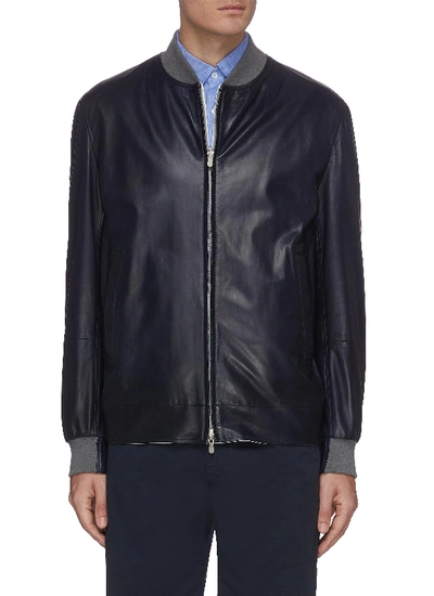 Shop Brunello Cucinelli Reversible Zip Front Nappa Leather Bomber Jacket In Blue