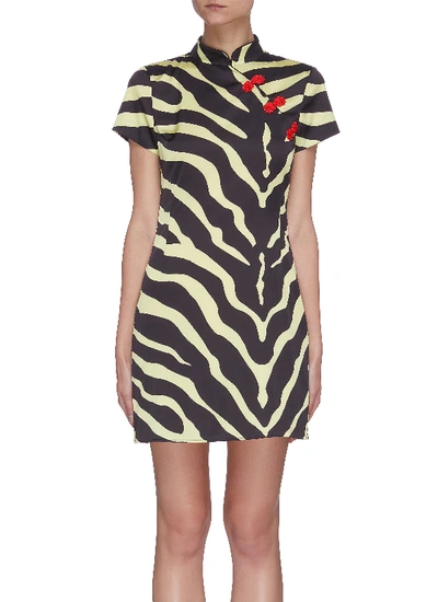 Shop De La Vali Suki' Tiger Print Oriental Collar Satin Mini Dress In Multi-colour