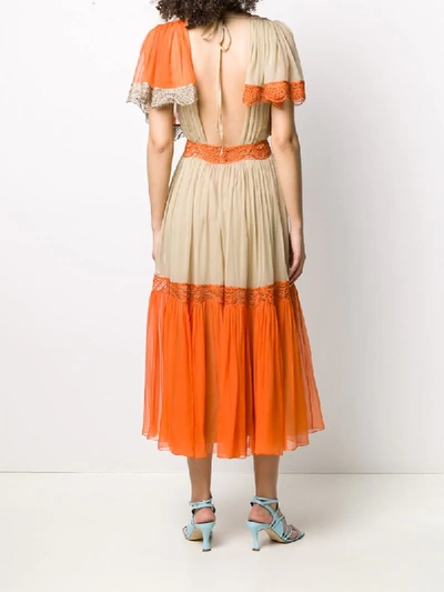 Alberta Ferretti Colour Block Embroidered Detail Silk Dress In Orange