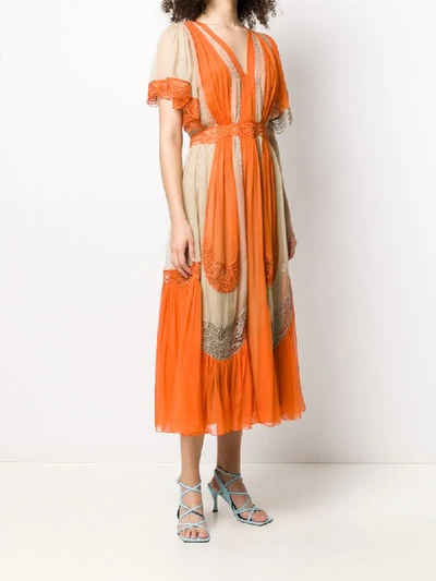Alberta Ferretti Colour Block Embroidered Detail Silk Dress In Orange
