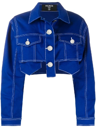 Shop Balmain Cropped Denim Jacket In Blue