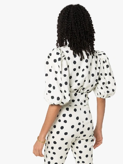 Shop Adriana Degreas Puff Sleeve Belted Polka Dot Bodysuit In White