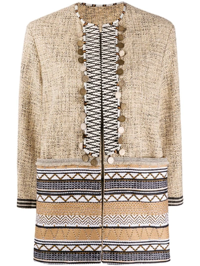 Shop Bazar Deluxe Cotton And Silk Geometric Jacquard Embellished Jacket In Brown