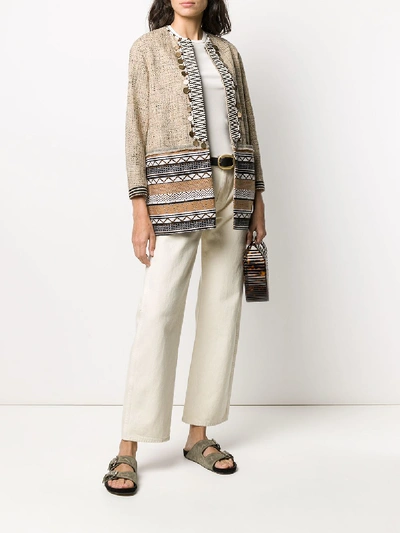 Shop Bazar Deluxe Cotton And Silk Geometric Jacquard Embellished Jacket In Brown