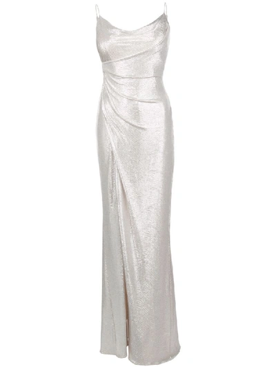 Shop Aidan Mattox Cowl-neck Pleated-waist Gown In Silver