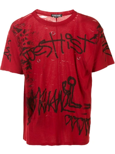 Shop Sankuanz Pierced Graffiti Print T-shirt In Red