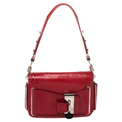 Pre-owned Versace Red Python And Suede Flap Shoulder Bag