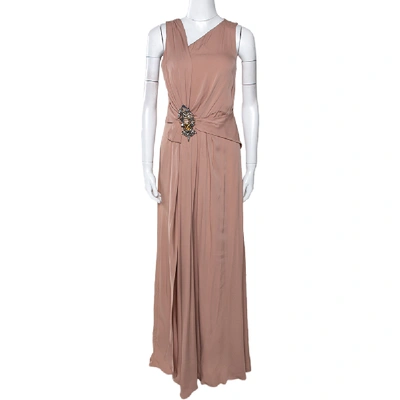 Pre-owned Gucci Pale Pink Silk Crepe Brooch Detail Draped Gown M