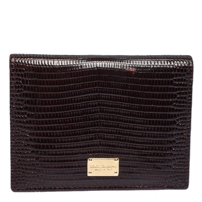 Pre-owned Dolce & Gabbana Dark Brown Lizard Embossed Leather Flap Card Holder