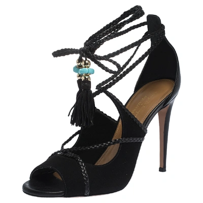 Pre-owned Aquazzura Black Suede And Leather Ankle Wrap Hero Sandals Size 37