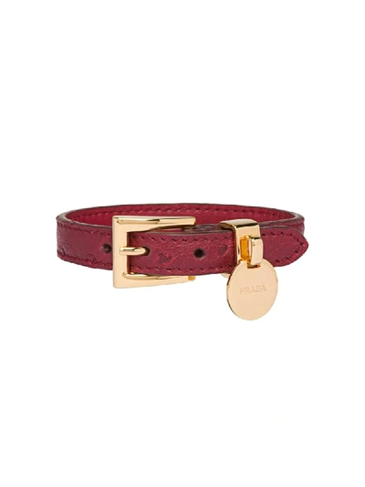 Shop Prada Ostrich Leather Logo Bracelet In Red