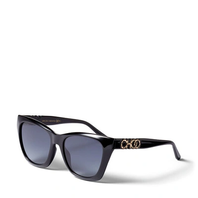 Shop Jimmy Choo Rikki Black Cat Eye Sunglasses With Glitter Choo Logo In E9o Dark Grey Shaded