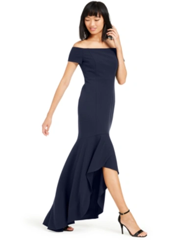 Shop Calvin Klein Off-the-shoulder High-low Gown In Twilight Blue
