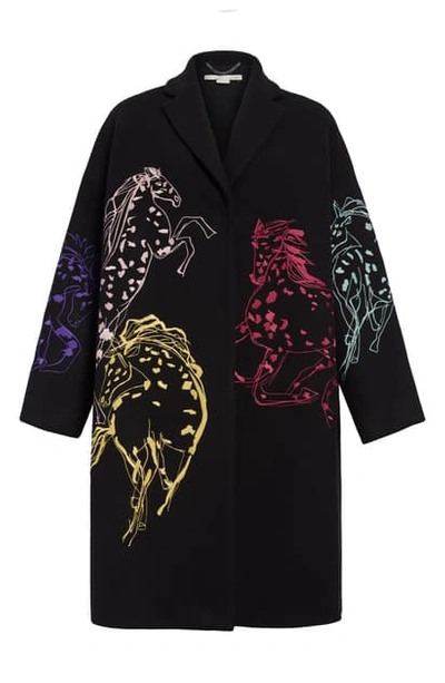 Shop Stella Mccartney Horse Embroidered Wool Blend Coat In Black