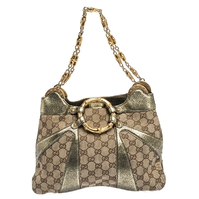 Pre-owned Gucci Beige/metallic Gg Canvas And Leather Limited Edition Tom Ford Bamboo Shoulder Bag