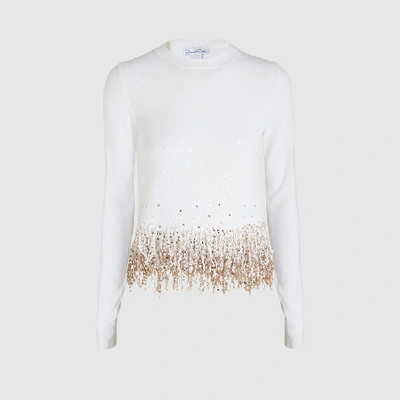 Pre-owned Oscar De La Renta White Embellished Wool Sweater Size M