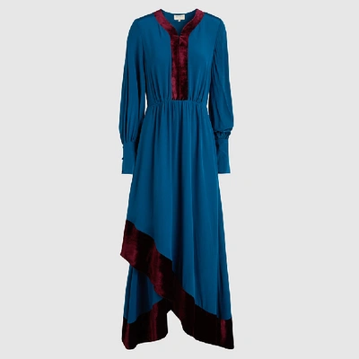 Pre-owned Zeus + Dione Blue Theodora Velvet-trimmed Silk Ankle-length Dress Size Fr 38