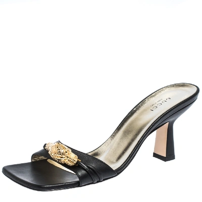 Pre-owned Gucci Black Leather Dora Open Toe Slide Sandals Size 37.5