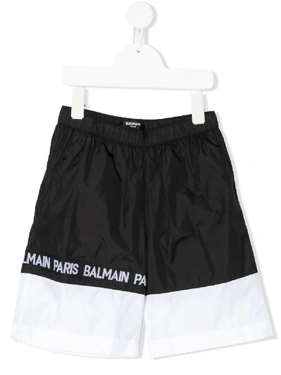 Shop Balmain Bi-colour Logo Swim Shorts In Black