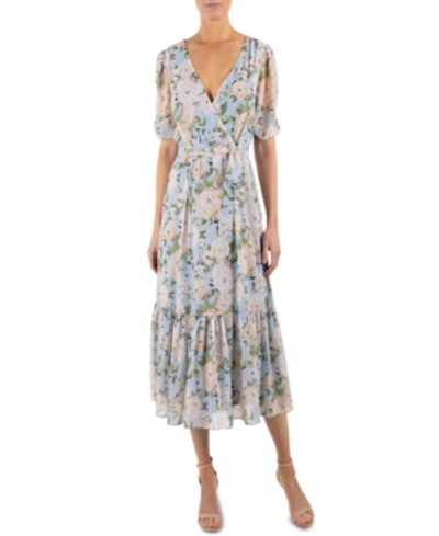 Shop Julia Jordan Floral-print Surplice Midi Dress In Blue/pink Floral