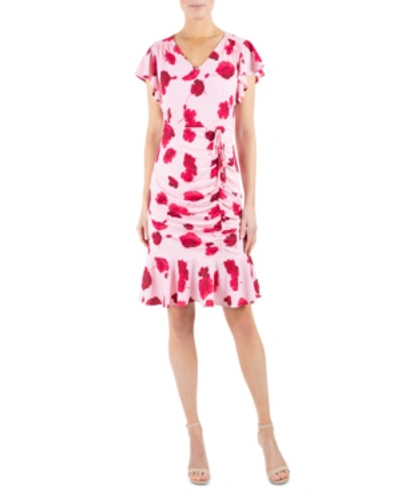 Shop Julia Jordan Ruched Flutter-hem Dress In Pink/red Floral