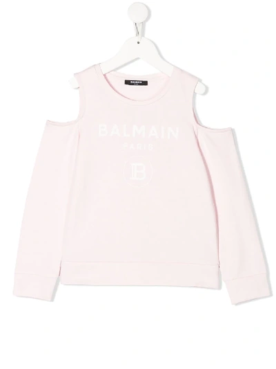 Shop Balmain Logo Cold-shoulder Top In Pink