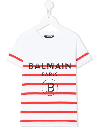 Shop Balmain Striped Print T-shirt In White