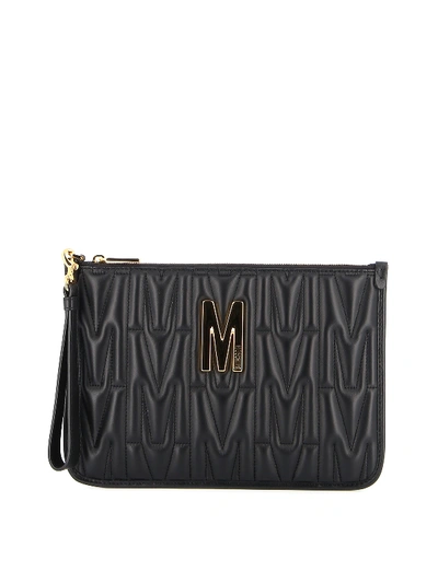 Shop Moschino M Logo Black Quilted Leather Clutch