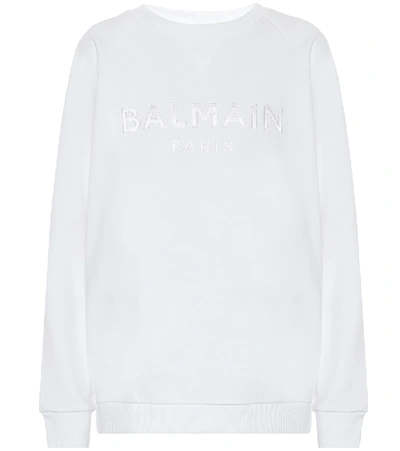 Shop Balmain Logo Cotton Jersey Sweatshirt In White