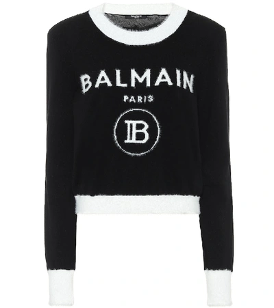 Shop Balmain Logo Wool-blend Sweater In Black
