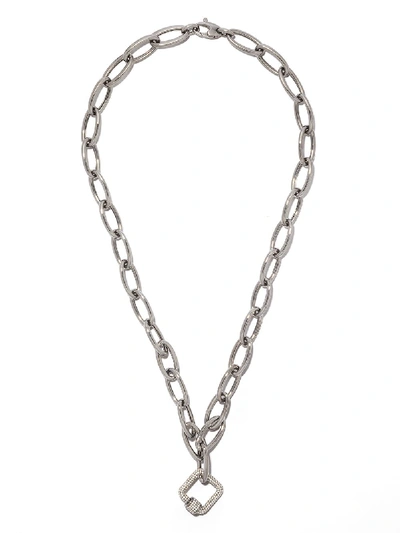 Shop As29 18kt Black Gold Pave Diamond Square Carabiner And 18kt White Gold 24” Long Oval Chain Necklace