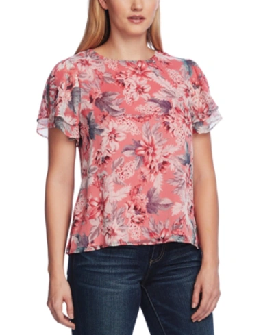 Shop Vince Camuto Women's Split Sleeve Floral Chiffon Blouse In Coral Blossom