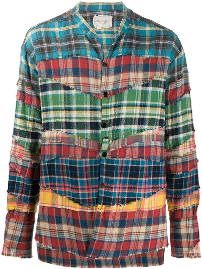 Shop Greg Lauren Patchwork Checked Shirt In Blue