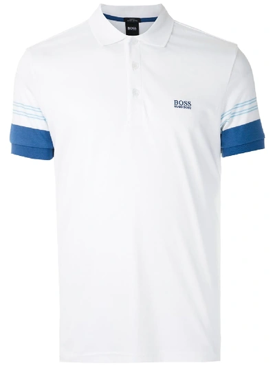Shop Hugo Boss Cotton Striped Cuff Polo Shirt In White