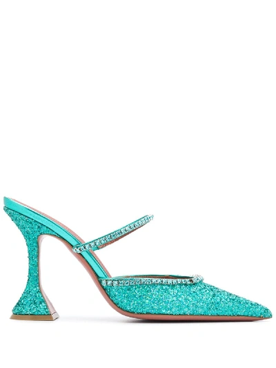 Shop Amina Muaddi 105mm Gilda Glitter Mules In Green