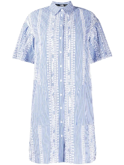 Shop Karl Lagerfeld Striped Embroidered Shirt Dress In Blue