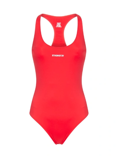 Shop Vetements Logo Racerback Swimsuit In Red