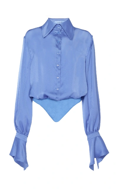 Shop Mugler Collared Satin Long Sleeved Bodysuit In Blue