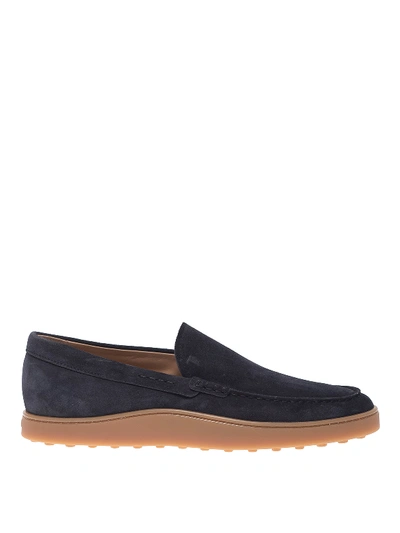 Shop Tod's Gommino Dark Blue Suede Loafers